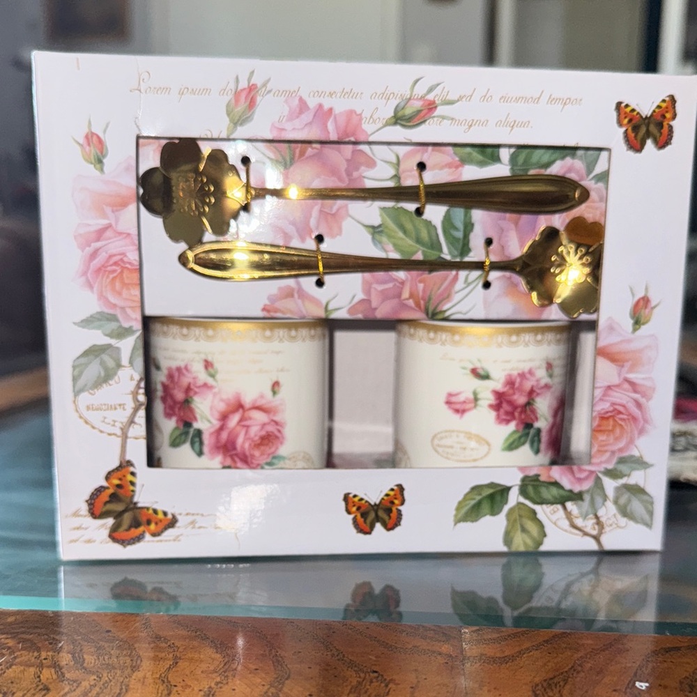 Floral Mug Set with Gold Spoons